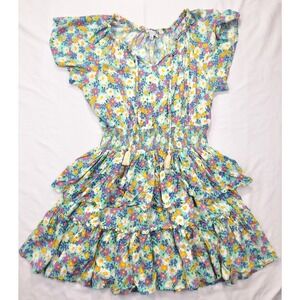 Visions of Peace Floral Tiered Ruffle Mini Dress Smocked Waist Teal Purple L